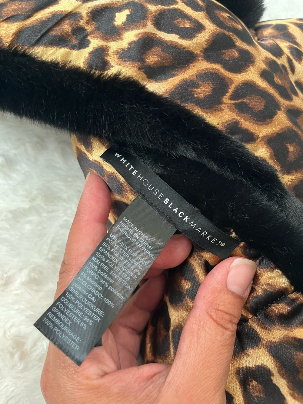 White House Black Market Black Faux Fur Scarf with Leopard Satin Lining - Picture 2 of 4